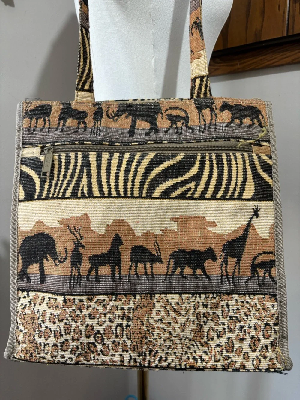 Jade Safari Shoulder Tote in Tan & Brown African Print Elephants Leopard Zebra